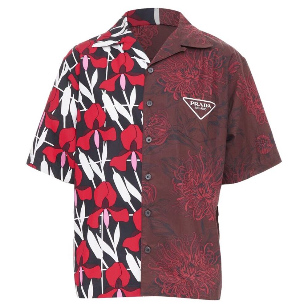 PRADA 2021 Runway Double Match red iris burgundy floral split bowling shirt L